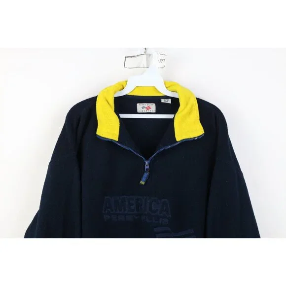 Vintage 90s Perry Ellis Mens Large Spell Out Flag 1/4 Half Zip Fleece Sweater - Picture 2 of 14